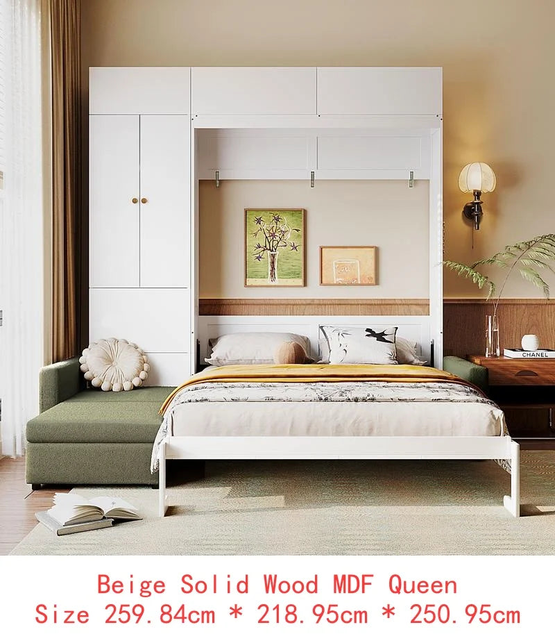 Queen Murphy Bed with Sofa and Shelves, Beige Wall Bed System for Space Saving Solution