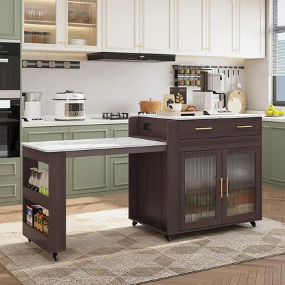 Marble Grain Top Rolling Kitchen Island Cart - Extendable Dining Table & Power Outlet for Organization