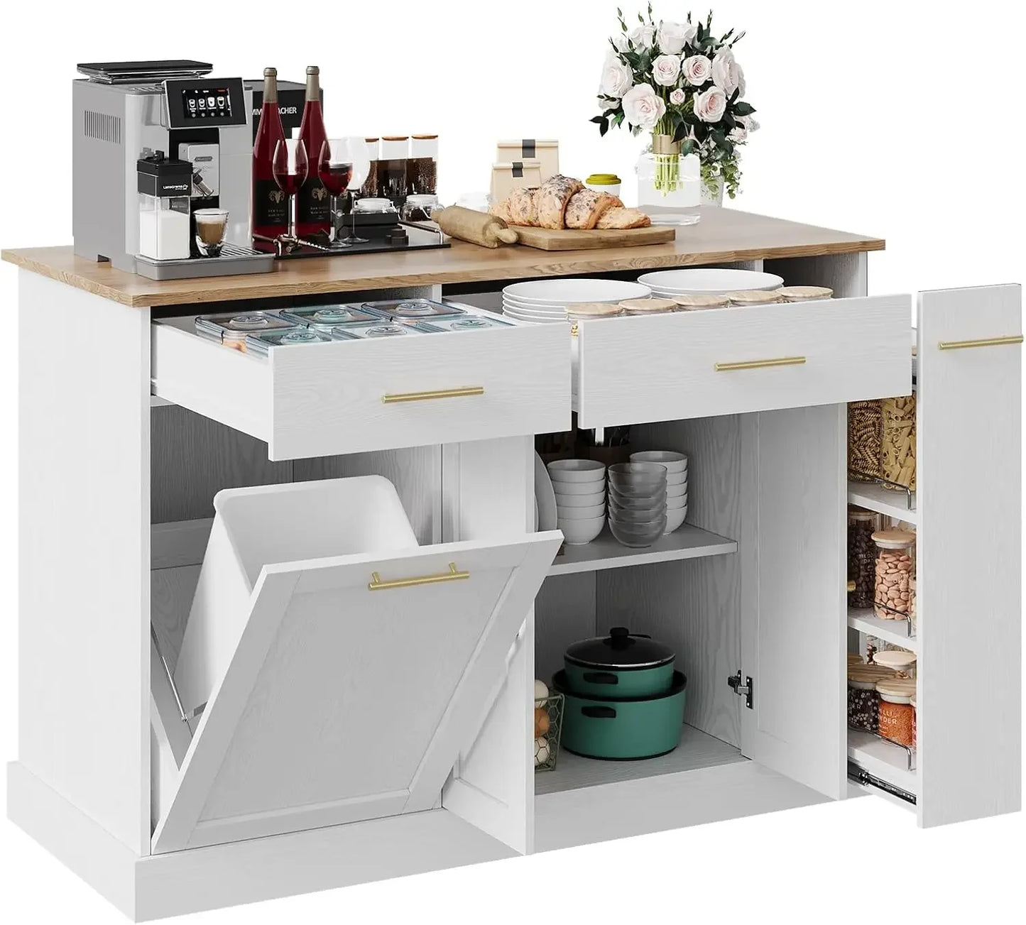 Kitchen Island with Trash Can Storage, 52" Kitchen Rolling Island with Marble Countertop & Pull Out Spice Rack