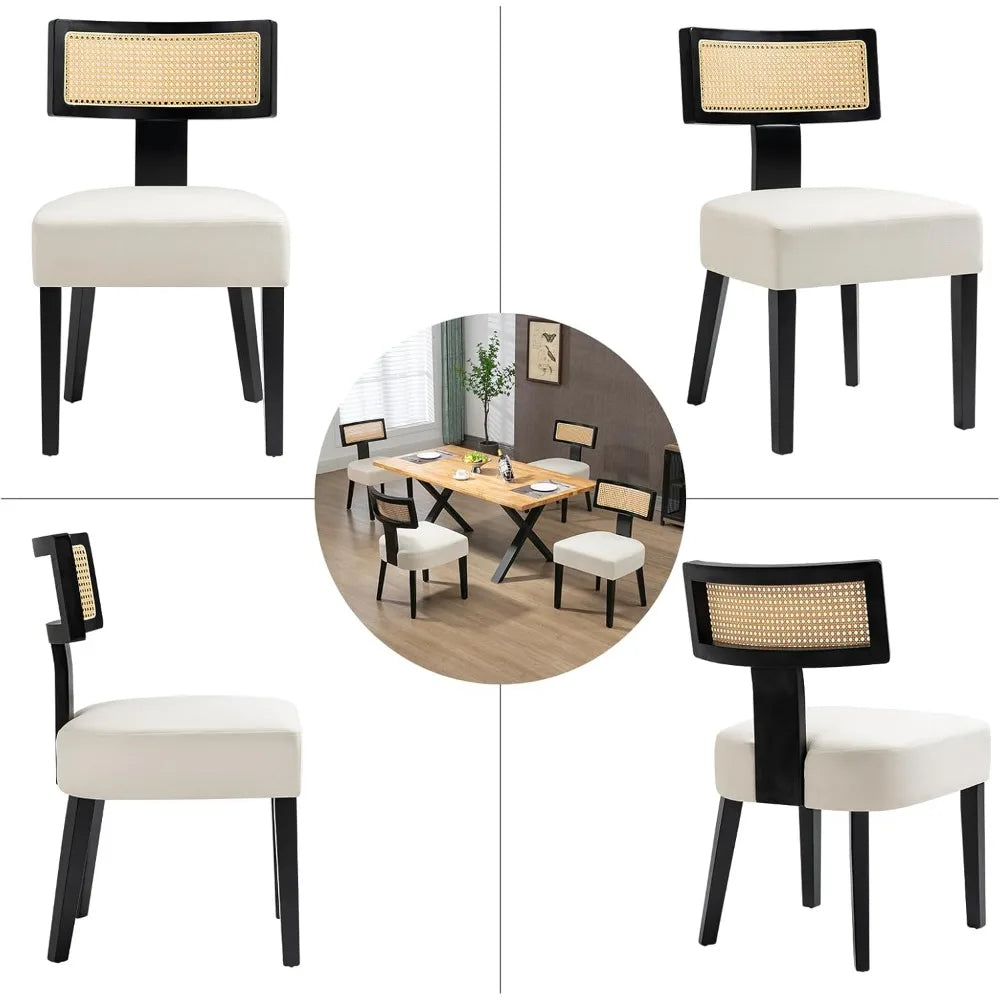 4-Pack Mid-Century Rattan Dining Chairs, Fabric Upholstered, Curved Back & Armless