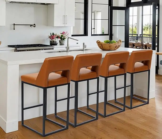 Black Upholstered Counter-Height Bar Stools, Set of 4 – Modern Kitchen Island Chairs with Backs