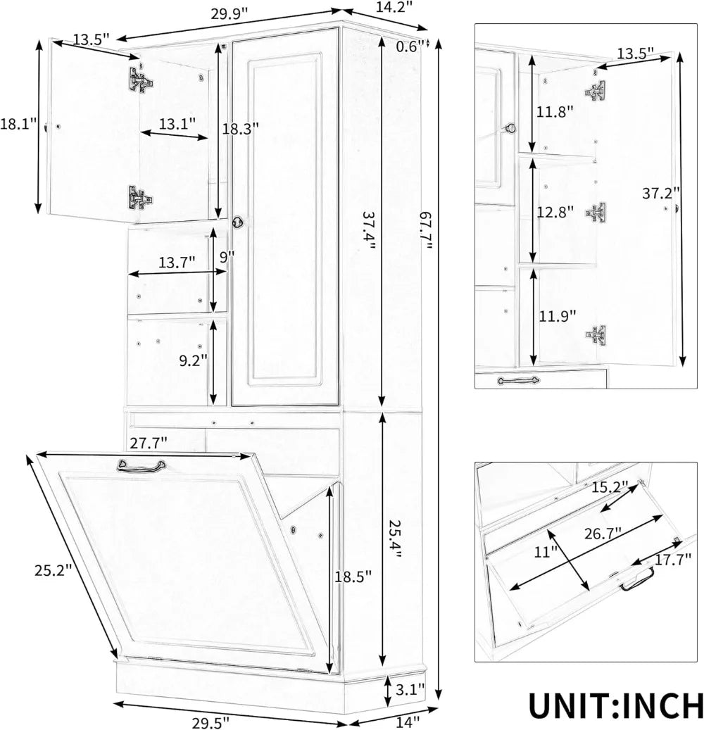 68" Tall Tilt-Out Laundry Hamper Cabinet with Adjustable Shelf, Freestanding Storage for Bathroom, Kitchen, Living Room