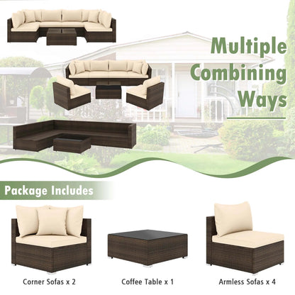 7 PCS Patio Rattan Furniture Set Sectional Sofa Cushioned, Garden