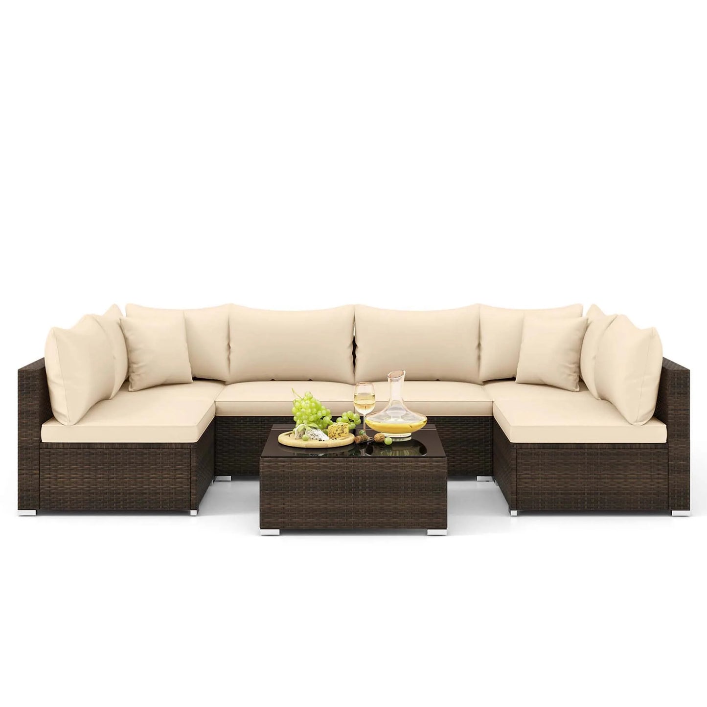 7 PCS Patio Rattan Furniture Set Sectional Sofa Cushioned, Garden