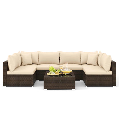 7 PCS Patio Rattan Furniture Set Sectional Sofa Cushioned, Garden