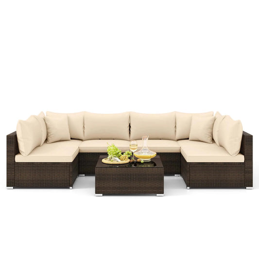 7 PCS Patio Rattan Furniture Set Sectional Sofa Cushioned, Garden