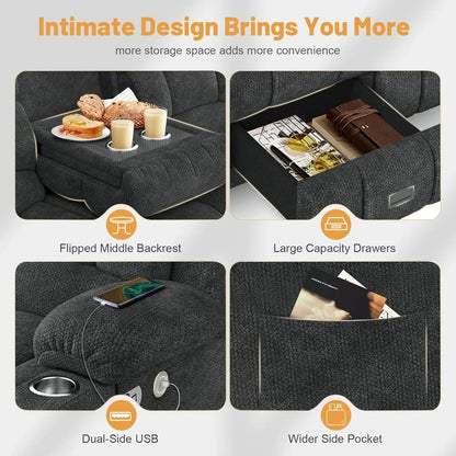 Loveseat, Recliner Sofa, Flip Middle Backrest Design,  with Storage Drawer, USB Ports & Cup Holders, Manual C