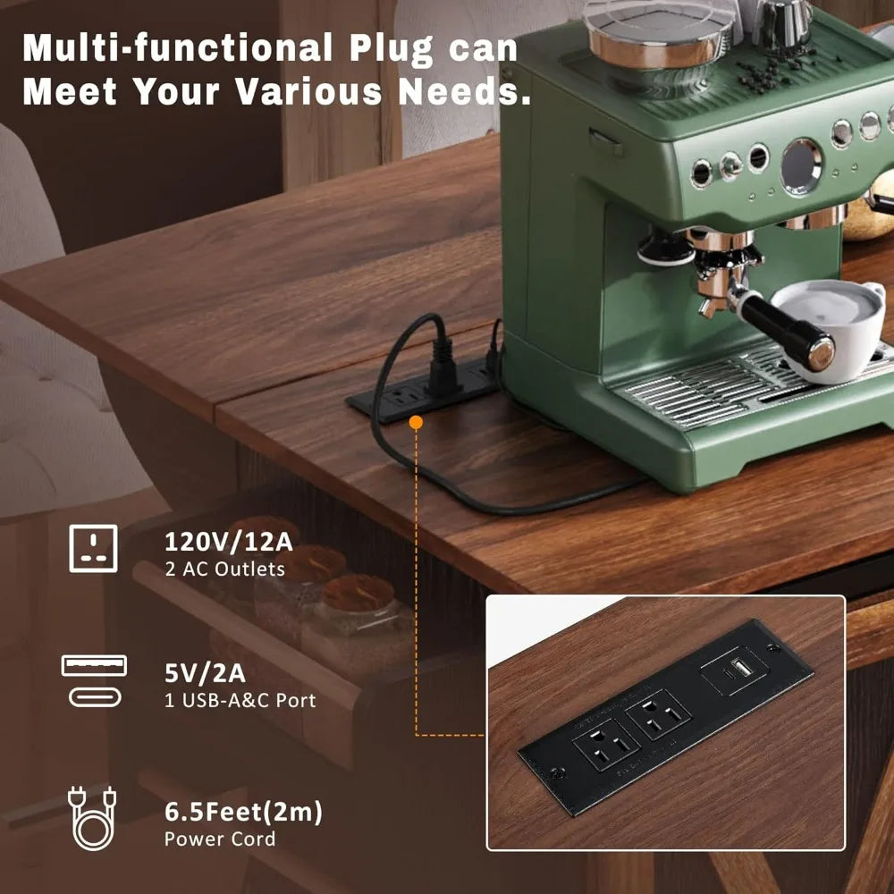 "Rolling Kitchen Island with Drop Leaf, 55.5" Cart featuring Barn Door and Power Outlet"