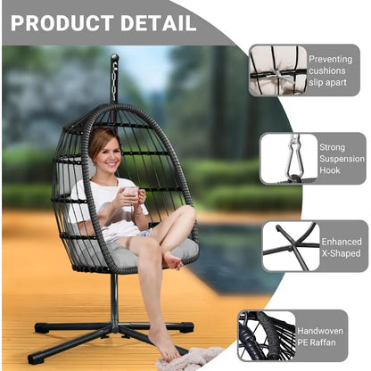 Egg Chair with Stand, Patio Rattan, Wicker, Hanging, Swing, Hammock Chair for Bedroom, Porch, Garden, Thickened Aluminum Alloy