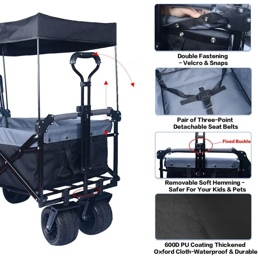 Heavy-Duty Collapsible Folding Wagon with Removable Cover, 4 Large All-Terrain Wheels, Brake, and Adjustable Handle