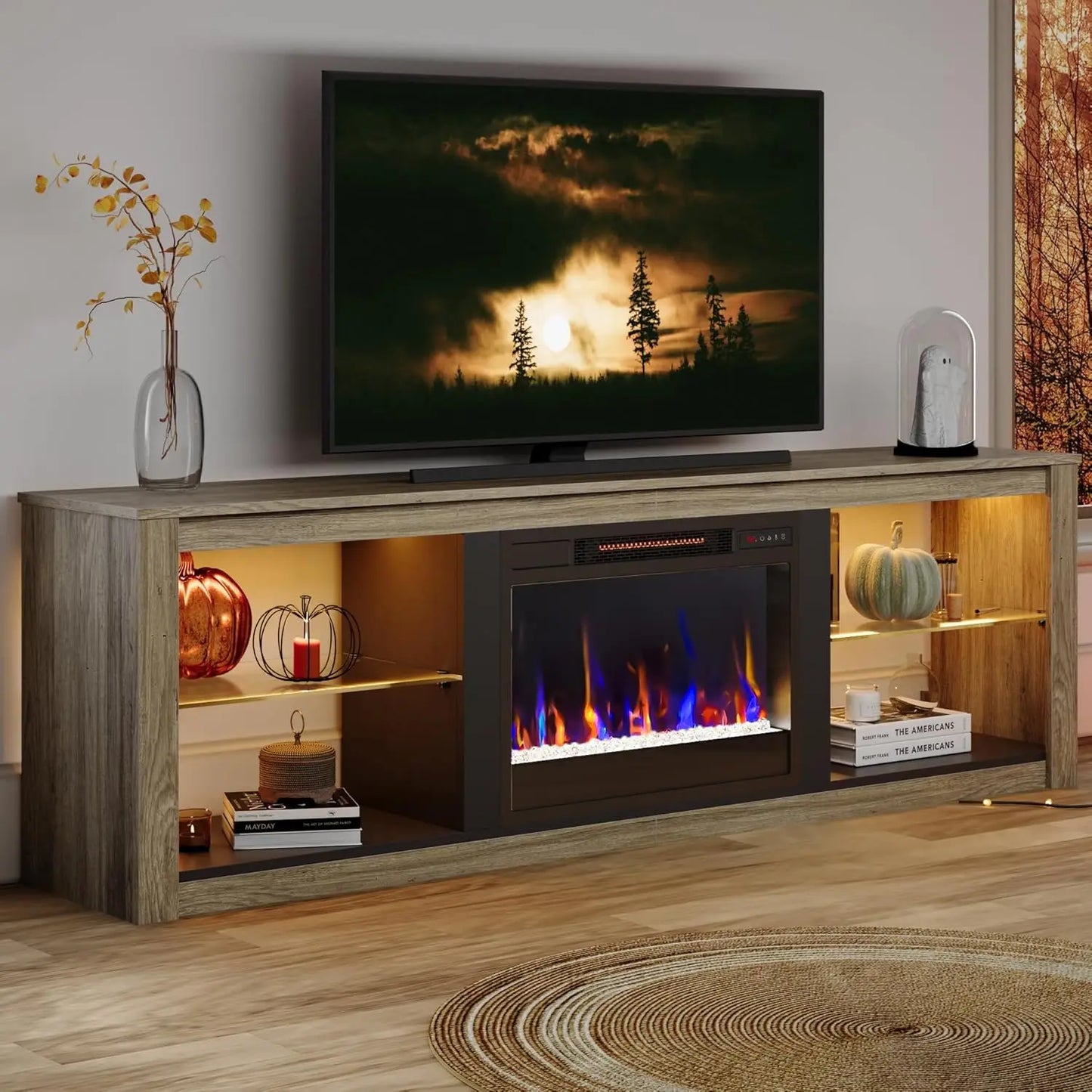 Fireplace TV Stand for 75 inch TV with 23 inch Electric Fireplace, 70 inch Entertainment Center  with LED Light