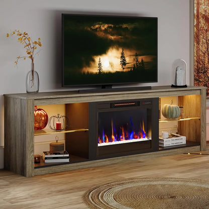 Fireplace TV Stand for 75 inch TV with 23 inch Electric Fireplace, 70 inch Entertainment Center  with LED Light
