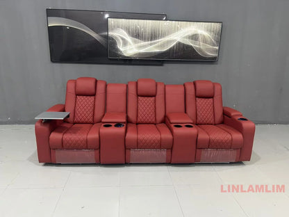 Luxury 3-Seat Recliner Sofa with Cup Holders, Leather Home Theater Seating, Cinema Recliner Couch with Center Console