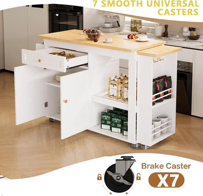 81.5" Extendable Kitchen Island with Dining Table, Rolling Cart with Wheels, Spice Rack, Drawer & Cabinet