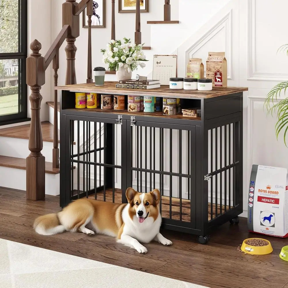 39.4" Dog Crate for Medium and Large Breed, Dog Kennel with Storage Shelf & Lockable Wheels, Heavy Duty Wood