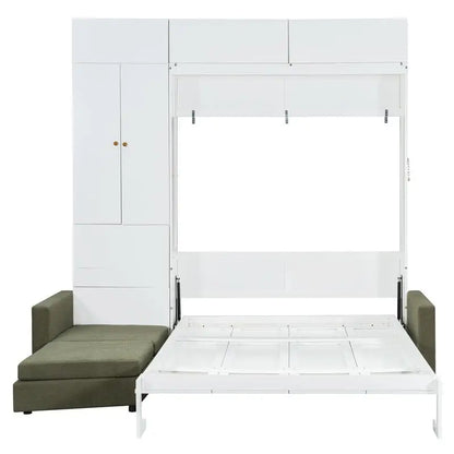 Queen Murphy Bed with Sofa and Shelves, Beige Wall Bed System for Space Saving Solution