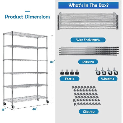 6 Tier Height Adjustable Metal Wire Storage Shelves 18 D x 48 W x 82 Rack Shelving