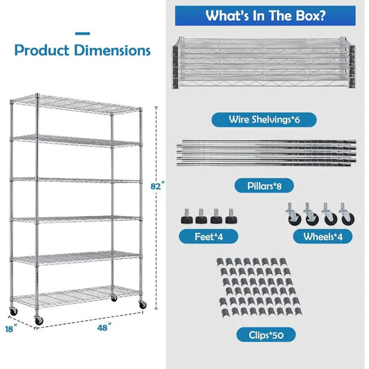 6 Tier Height Adjustable Metal Wire Storage Shelves 18 D x 48 W x 82 Rack Shelving