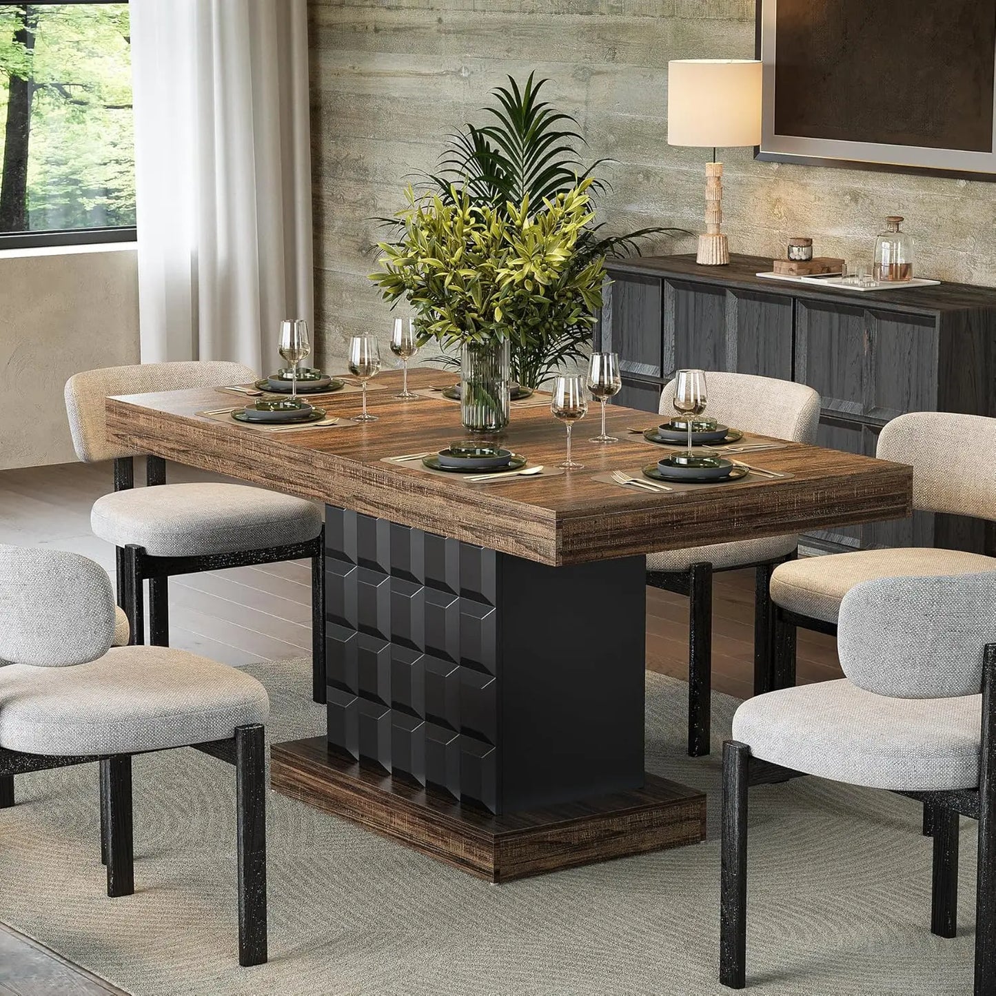 Modern Rectangular Dining Table for 4-6, Farmhouse Kitchen Table with Sturdy Wood Pedestal Base in Rustic Brown & Black