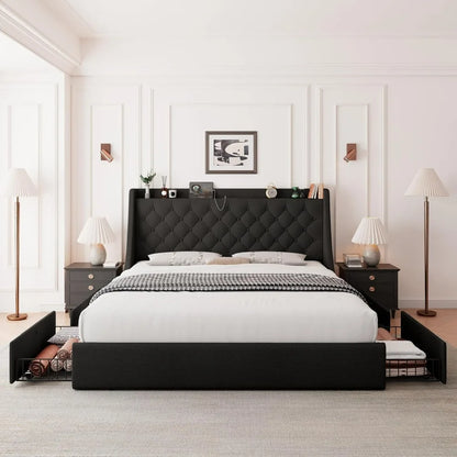 "black full-size bed with wingback headboard and storage drawers"