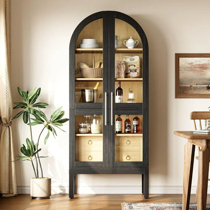 75 Inch Tall Modern Arched Kitchen Pantry Cabinet with Two Large Drawers and Lighting