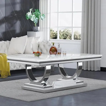Marble Coffee Table, White and Silver with U-Shape Stainless Steel Base with Silver Mirrored Finish