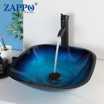 Tempered Above Counter Basin Glass Sink with Waterfall Faucet Tap