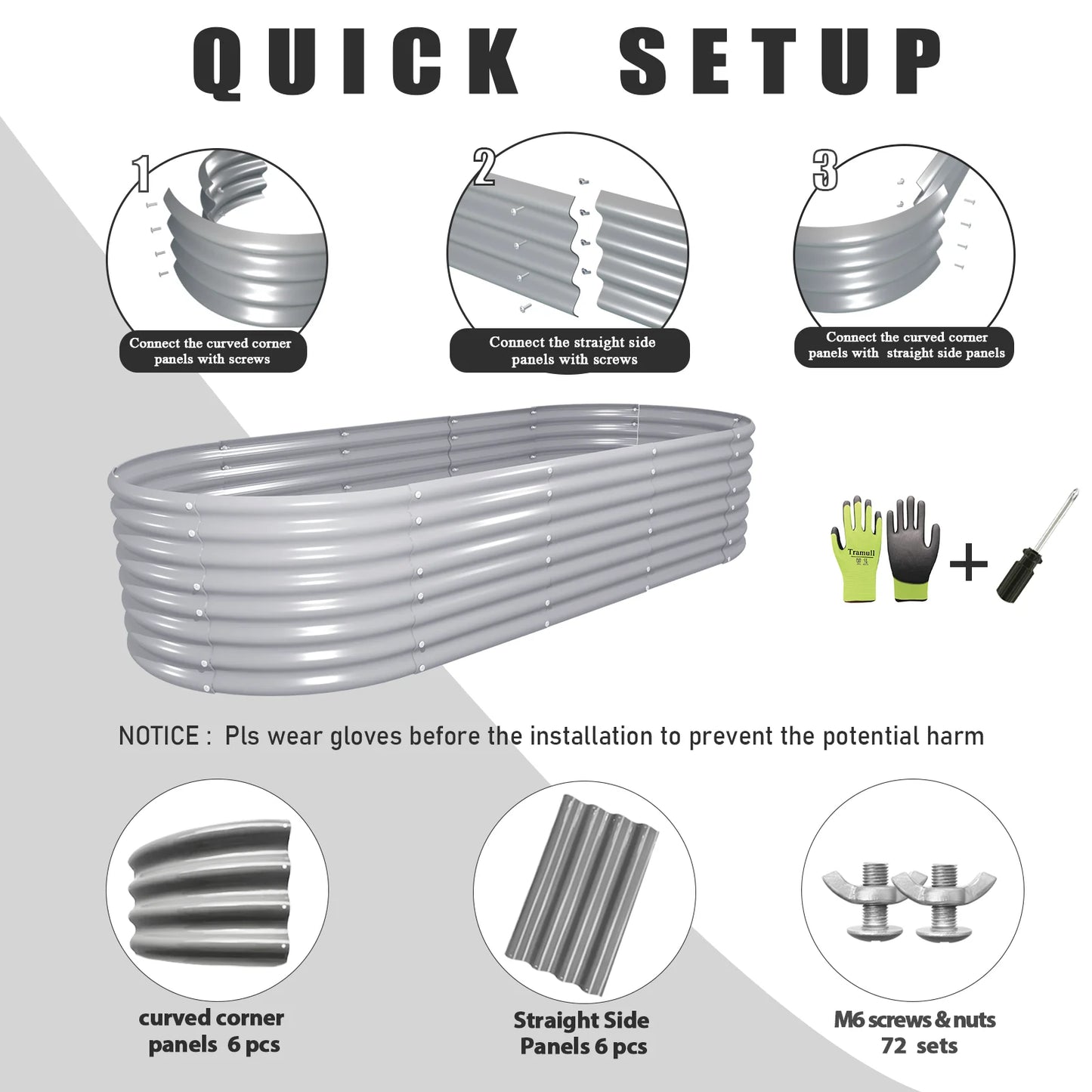 8x3x2FT Galvanized Raised Garden Bed Kit, Oval Outdoor Metal Ground Bottomless Planter Box