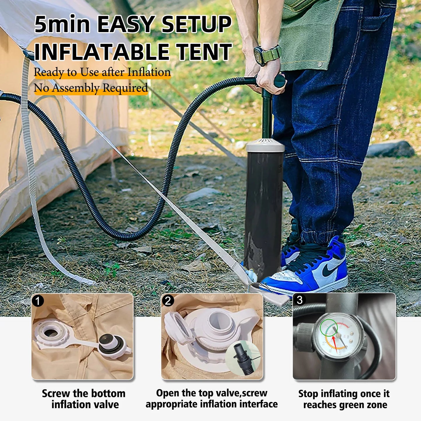 Large 4 Season Inflatable Tent for Camping with Hand Pump.