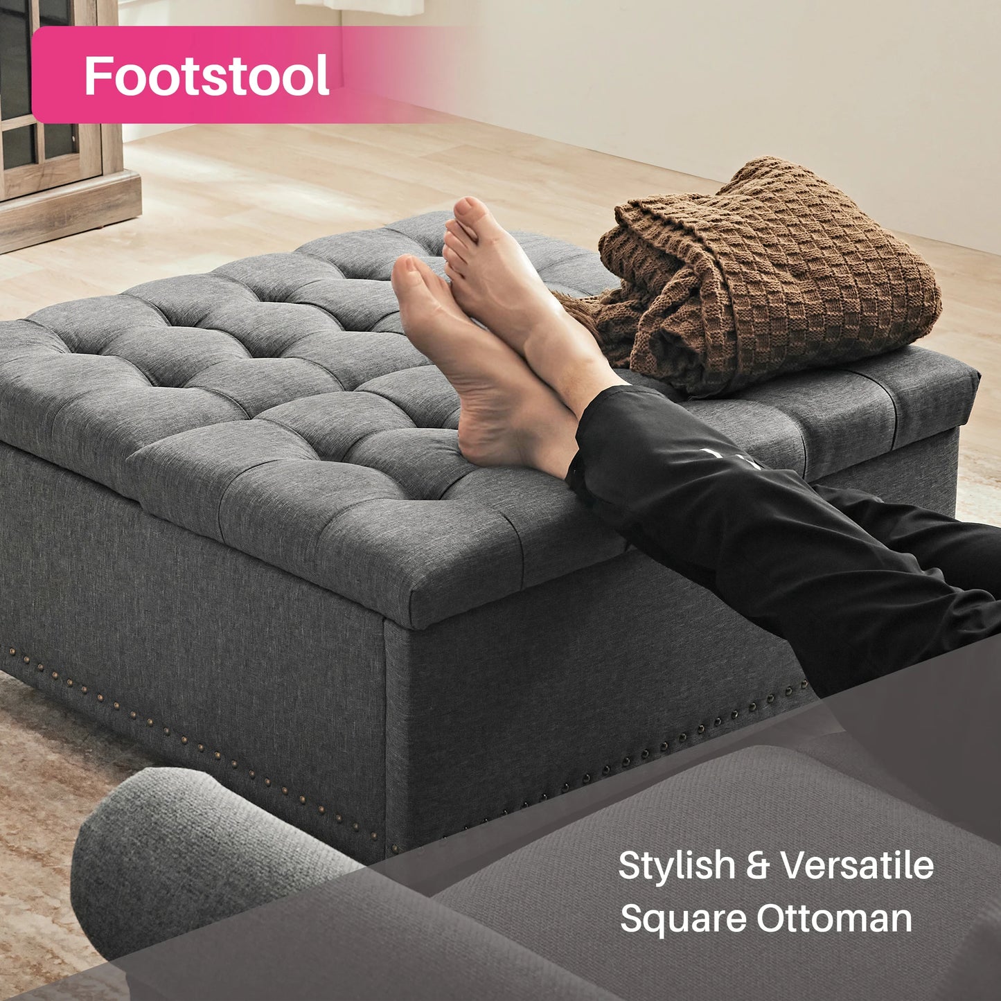 35" Large Square Storage Ottoman Bench, Upholstered Coffee Table, Lift Top Storage Ottoman Tufted Fabric for Living Room