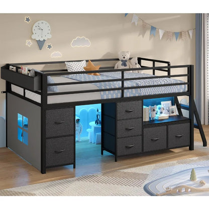 Low, Loft Bed Twin Size with 7 Storage Drawers, Bookcase and LED Lights, Metal Kids Loft Bed with 14" H Safety Guardrail, Incline Ladder