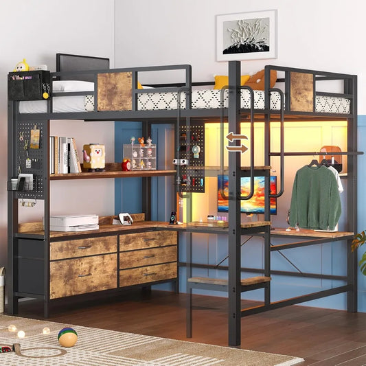 Full Size Loft Bed with L-Shaped Desk, 5 Drawers, LED Lights & Charging Station, Rustic Brown