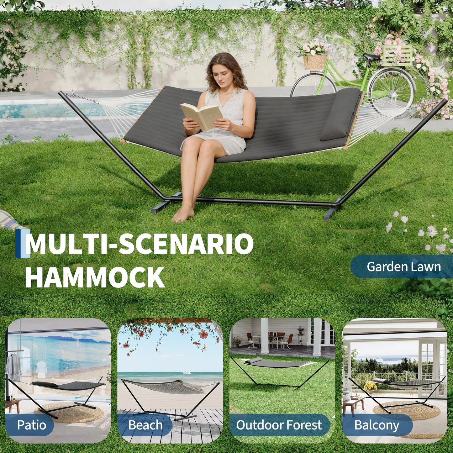 Portable Double Hammock With Stand, 2 Person Heavy Duty  For Outdoors With Pillow & Adjustable Steel Stand