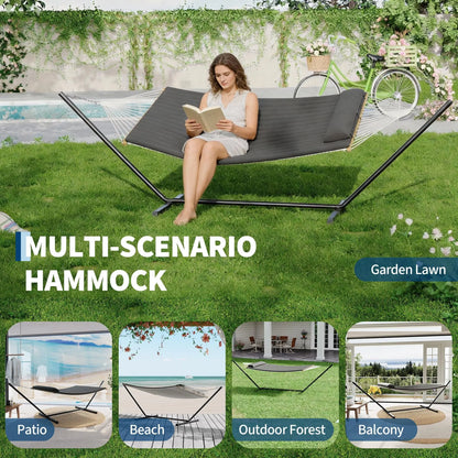 Portable Double Hammock With Stand, 2 Person Heavy Duty  For Outdoors With Pillow & Adjustable Steel Stand