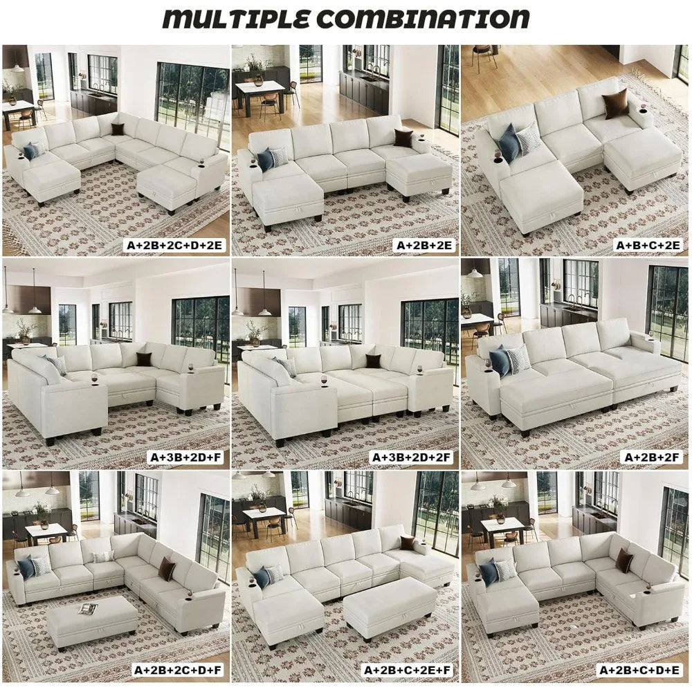 Sectional Sofa Couch with Storage U Shape Convertible Corner Couches, White