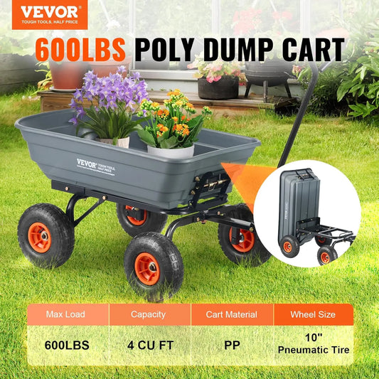 4 Cu.Ft. 600lbs Poly Garden Cart Dump Wagon, Heavy Duty Yard Dump Cart Wagon, 4 Wheel Wheelbarrow with 10in All Terrain Wheels