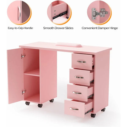 Manicure Table with Cabinet, Drawers, Wheels, and Wrist Rest for Spa Salon Technician Workstation
