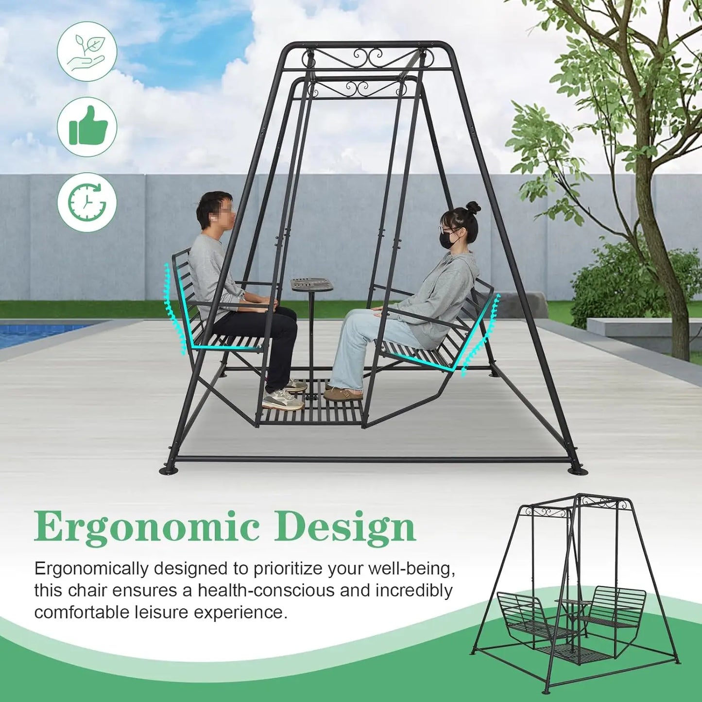 Outdoor Patio Swing Chair with Stand and Table, Hanging Swings with Heavy-Duty Steel Frame, Anti-Rust
