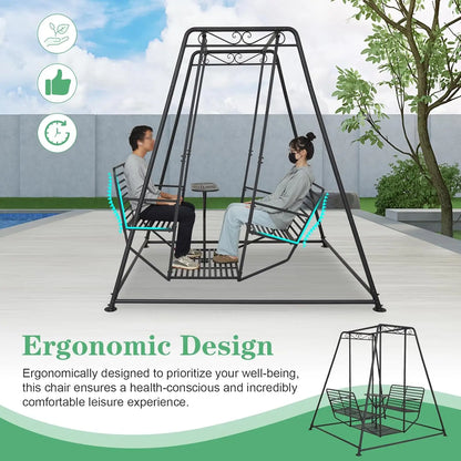 Outdoor Patio Swing Chair with Stand and Table, Hanging Swings with Heavy-Duty Steel Frame, Anti-Rust