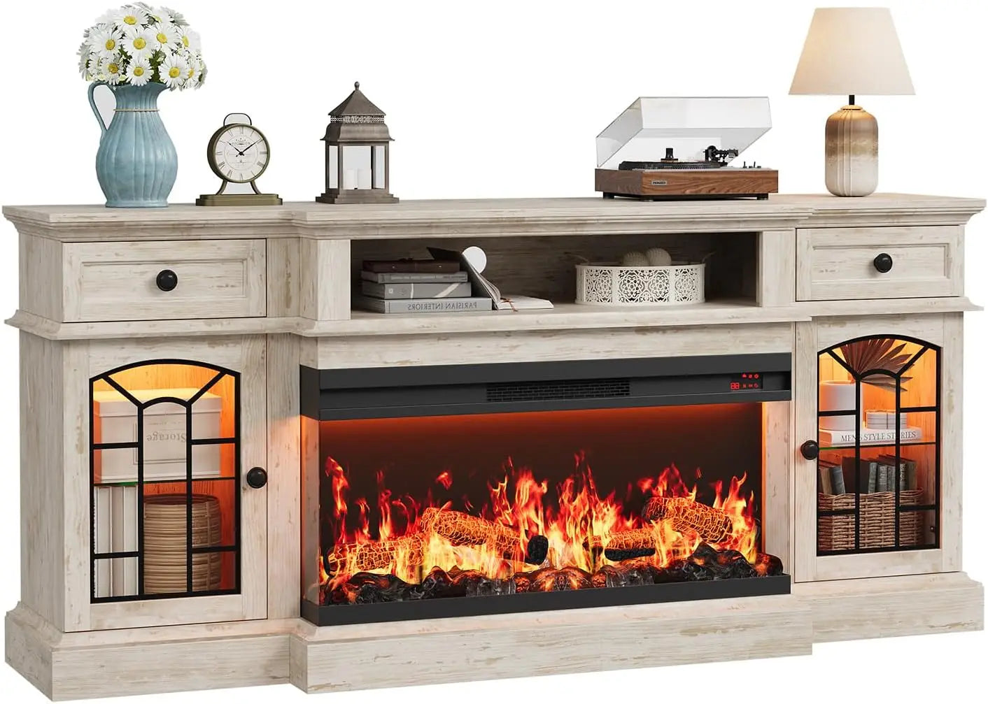70" Farmhouse Fireplace TV Stand for TVs up to 80", Entertainment Center with 36" 3-Side Glass Electric Fireplace