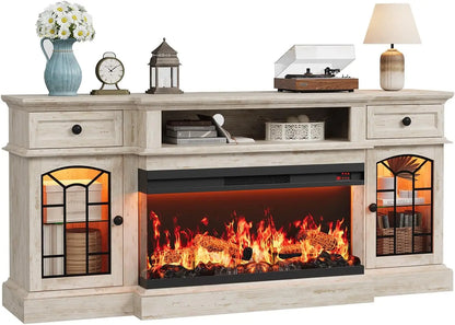 70" Farmhouse Fireplace TV Stand for TVs up to 80", Entertainment Center with 36" 3-Side Glass Electric Fireplace