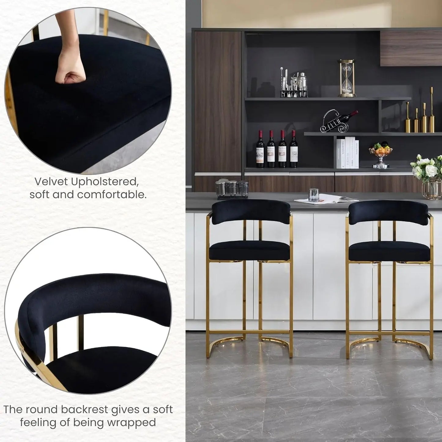 26'' Seat Height Velvet Bar Stools Set of 4, Counter Height, Gold Metal Frame and Footrest, Upholstered Barrel Back