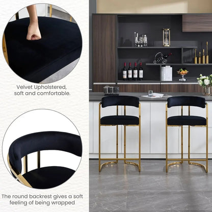 26'' Seat Height Velvet Bar Stools Set of 4, Counter Height, Gold Metal Frame and Footrest, Upholstered Barrel Back