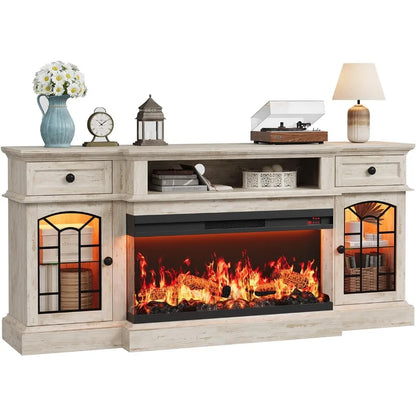 70" Farmhouse Fireplace TV Stand for TVs up to 80", Entertainment Center with 36" 3-Side Glass Electric Fireplace