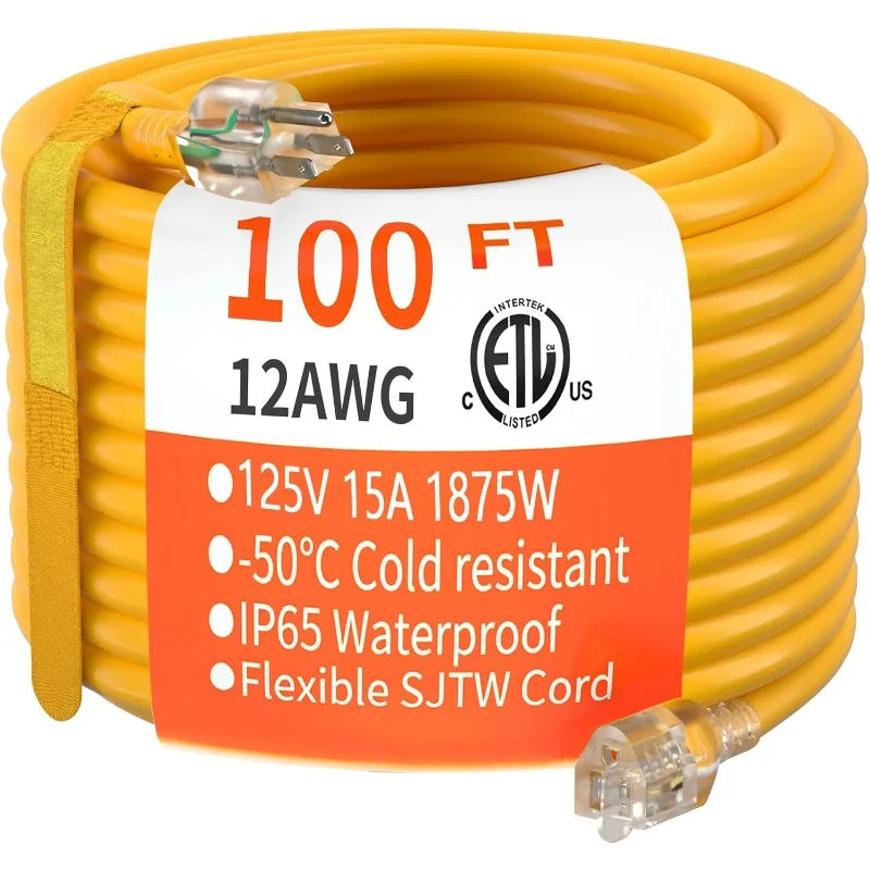 100 Ft 12/3 Gauge Heavy Duty Outdoor Extension Cord Waterproof With Lighted, Flexible Cold Weather 3 Prong Electric Cord Outside