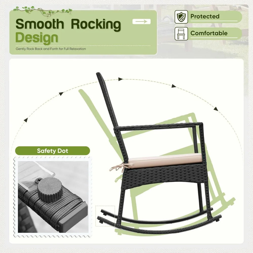 Rocking Chair Outdoor, Glass Table, High Back Porch Rocker for Balcony Garden Backyard (Beige)