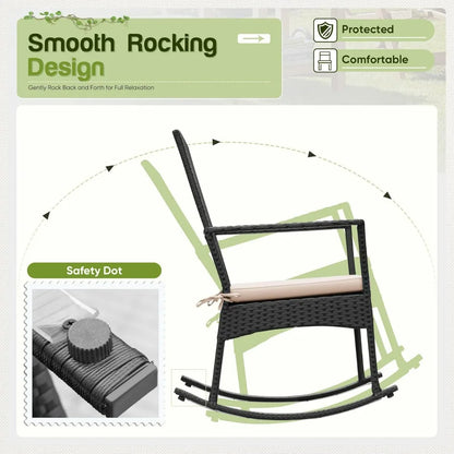 Rocking Chair Outdoor, Glass Table, High Back Porch Rocker for Balcony Garden Backyard (Beige)