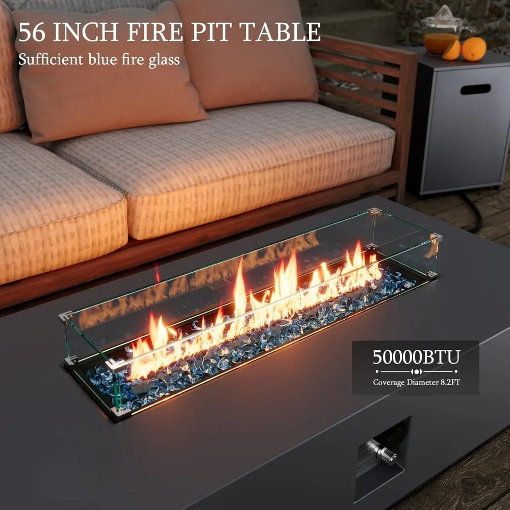 56-inch Outdoor Propane Gas Fire Pit Table 50000 BTU Iron Rectangle Firepit for Outside Patio with Tank Hidden Table, Wind Guard