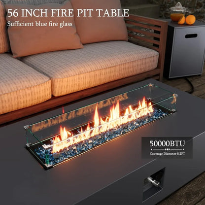 56-inch Outdoor Propane Gas Fire Pit Table 50000 BTU Iron Rectangle Firepit for Outside Patio with Tank Hidden Table, Wind Guard