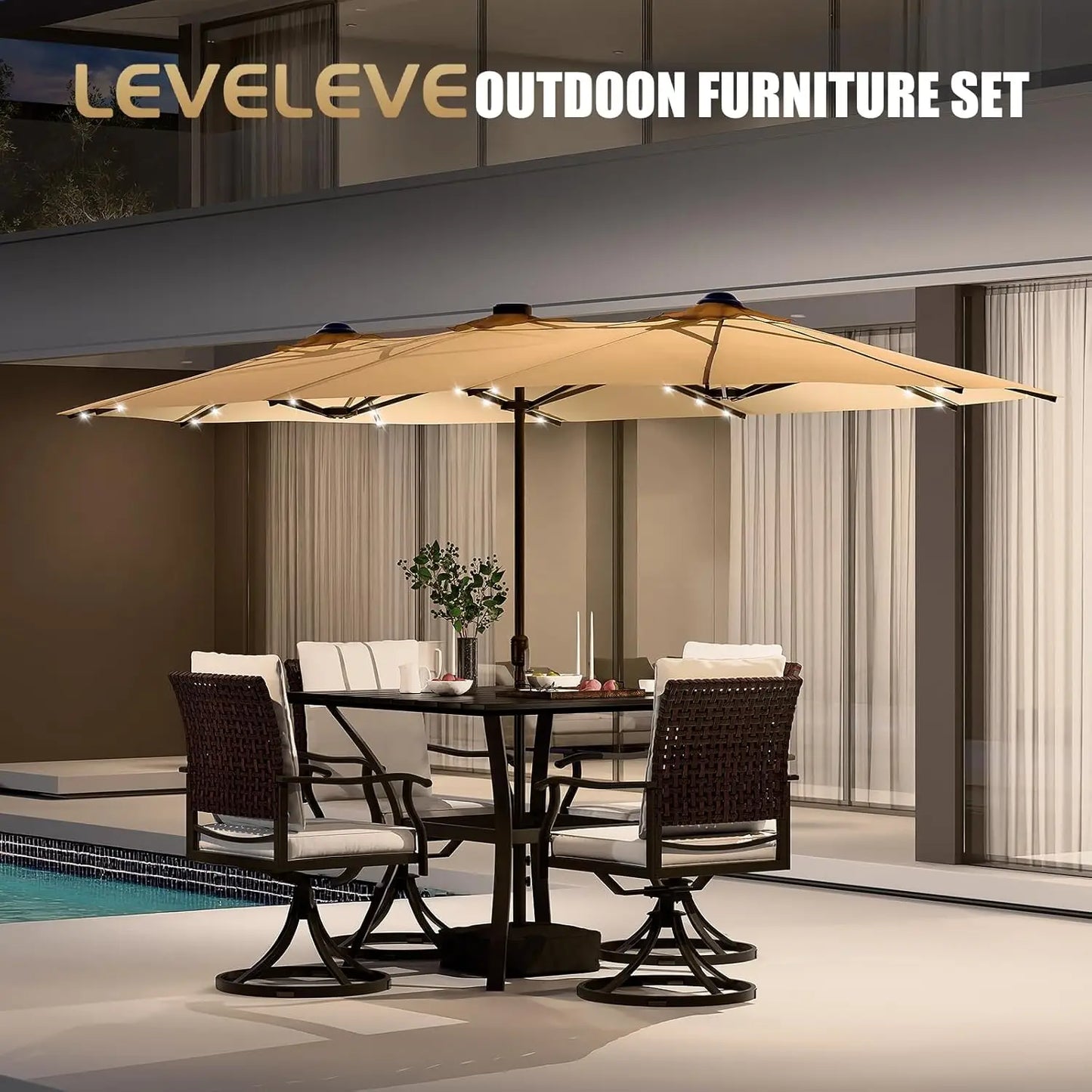 LEVELEVE 15FT Large Patio Patio Umbrella with Base & Solar LED Lights - Double-Sided,Kahaki